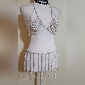 Faux Pearl Beaded Halter Top With Belly Chain Belt